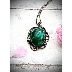 Vintage Malachite Sterling Silver Necklace Chain 20”